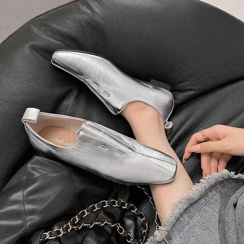 2024 Women Flat Shoes Leather Comfort Flats Slip on Silver Beige Simple Shoes Spring Autumn Soft Loafers Square Toe 250305