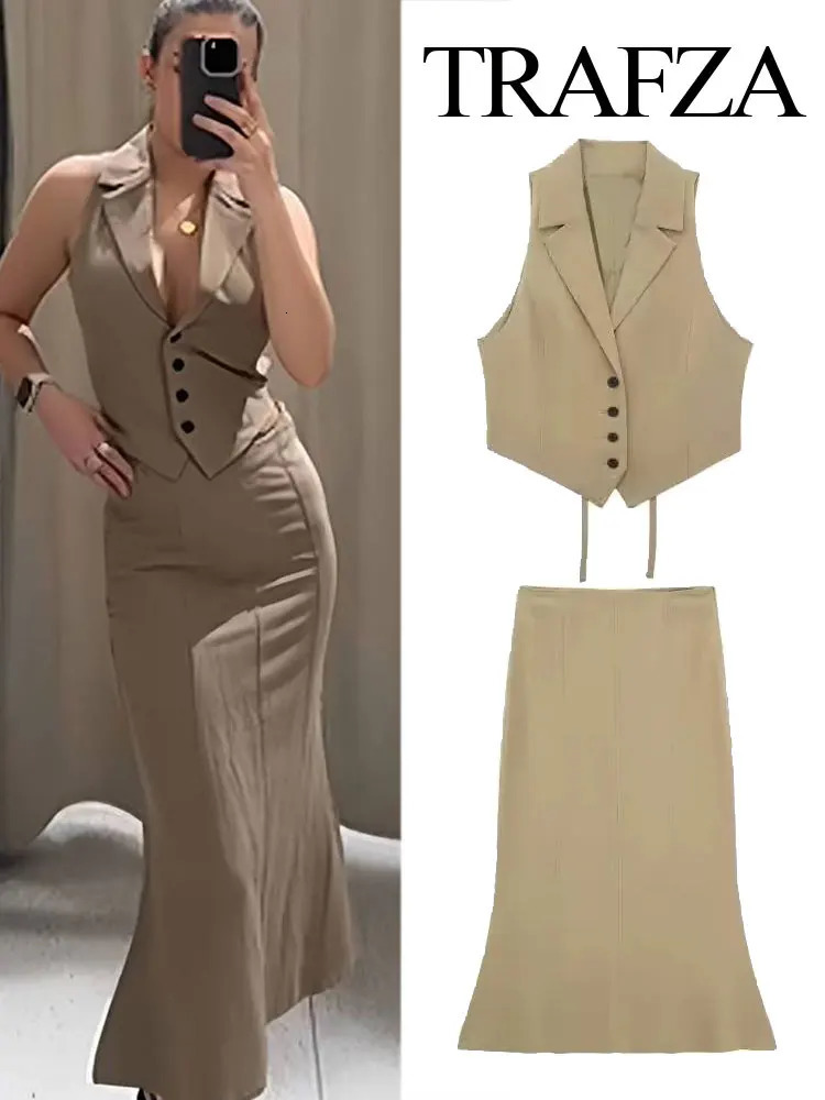 TRAFZA Summer Womens Street Slimming Tank Top 2piece Set Fashion Back Open n TopHigh Waist Flared Midi Skirt TRAF 250312