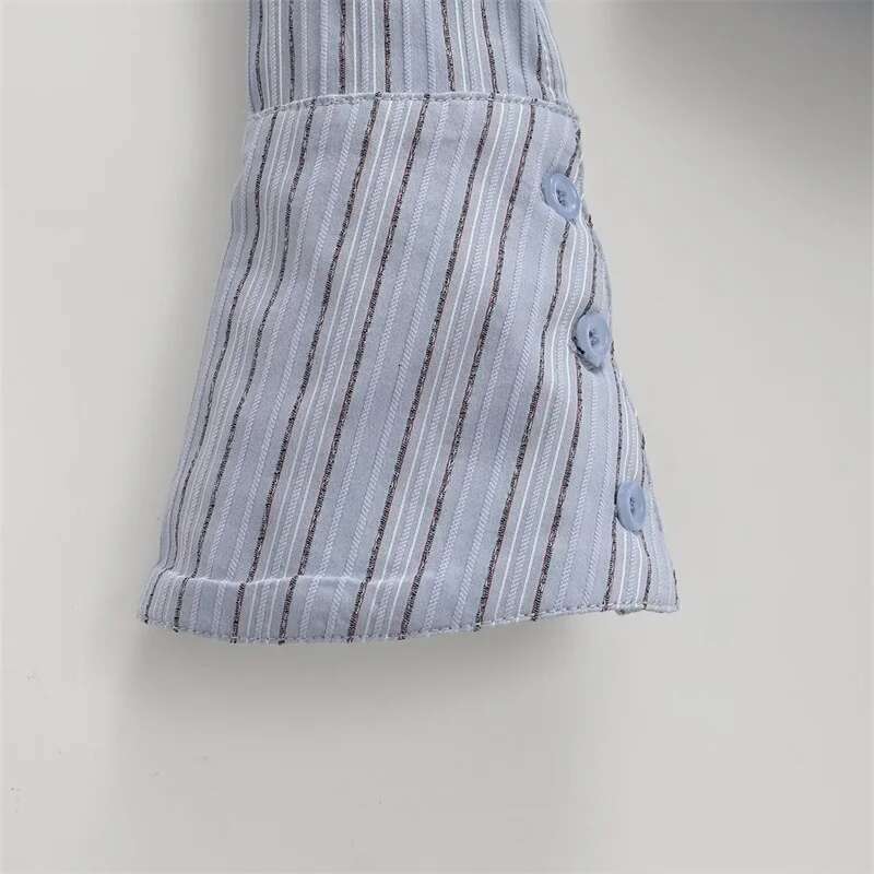 KEYANKETIAN New Launch Women's Necktie Decoration Striped Shirt Preppy Style Single Breasted Flare Sleeve Slim Blouse Crop Top
