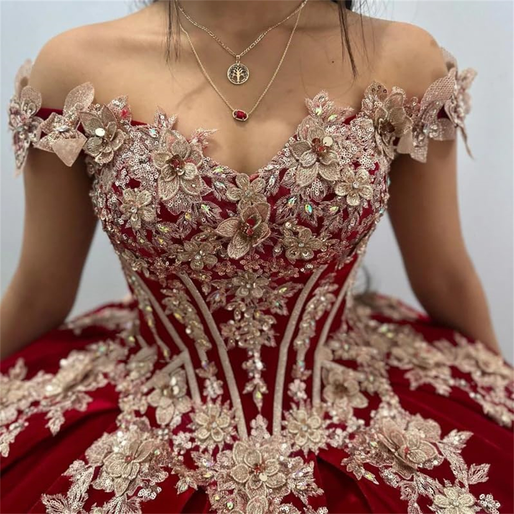 Ball Gown Quinceanera Dresses Elegant Sequins Appliques Off the Shoulder V-Neck Lace-up Plus Size Sweet 15 16 Princess Birthday Party Gowns Vestidos D