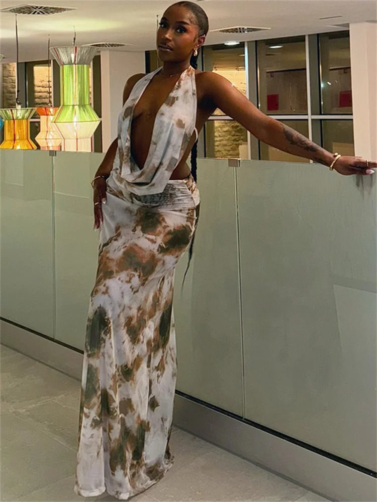 Weird Cat Tie Dye Printed 2piece Womens Bandage Strap Low Neck Tank TopRuffle Skirt Vacation Beach Styye Sexy Set 250312