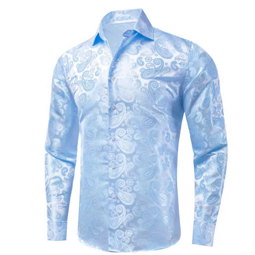 Hi Tie Navy Royal Sky Blue Silk Mens Shirt Flip Collar Long Sleeve Dress Jacquard Shirt Mens Wedding Business Ball W250312