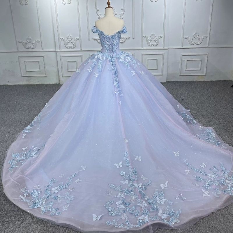 Glitter Lilac Quinceanera Dresses Appliques 3D Bow Beads Tull Sky Blue Lining Princess Off The Shoulder Sweet 16 Dress Vestidos 15 De Anos