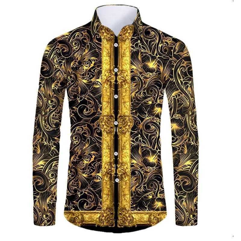 Athleisure High-end Luxury Gold Pattern 3D Printed Long Sleeve Button Down Shirt Mens Street Style Fashion Top Hip Hop Clothing W250312