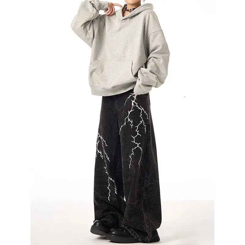 American retro sparkling pattern straight leg jeans suitable for both men and womens streets loose and casual wash wide leg casual pants y2k 250310