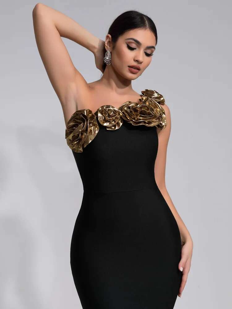 New Women Celebrity Sexy One Shoulder Wer Black Maxi Long Bandage Dress 2024 Knitted Elegant Evening Club Party Outfit