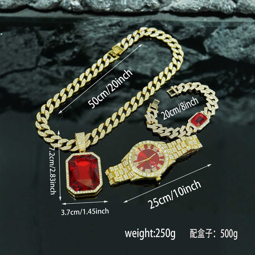TMEU hot selling red alloy pendant bracelet necklace watch 5-piece set mens high-end gift box jewelry W250312