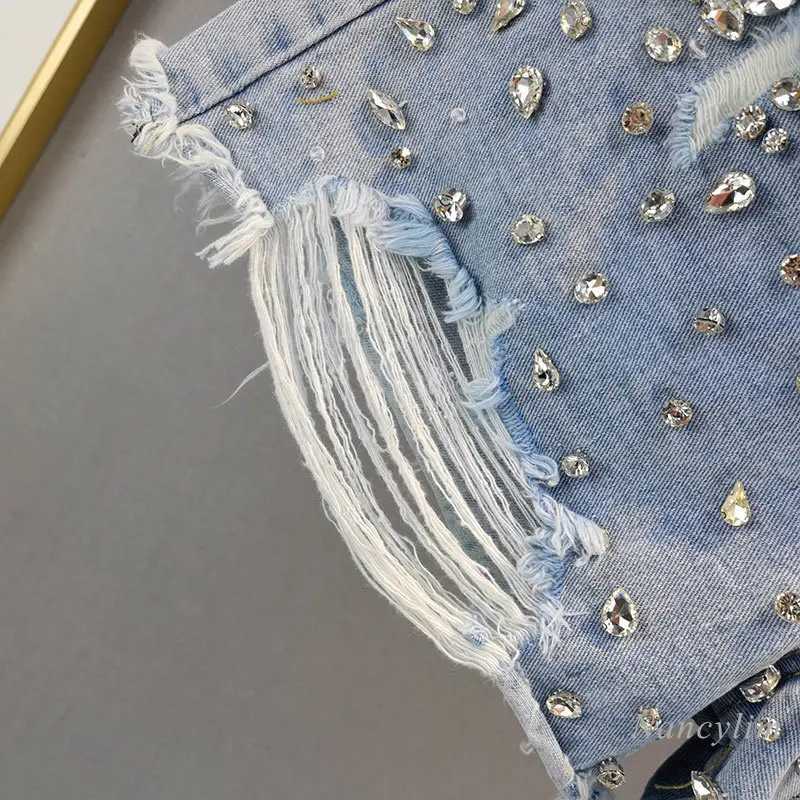 Open collar wide leg denim shorts for womens 2023 summer new high waisted Exquisite Rhinestone hot pants for womens shirts jeans shorts X250312