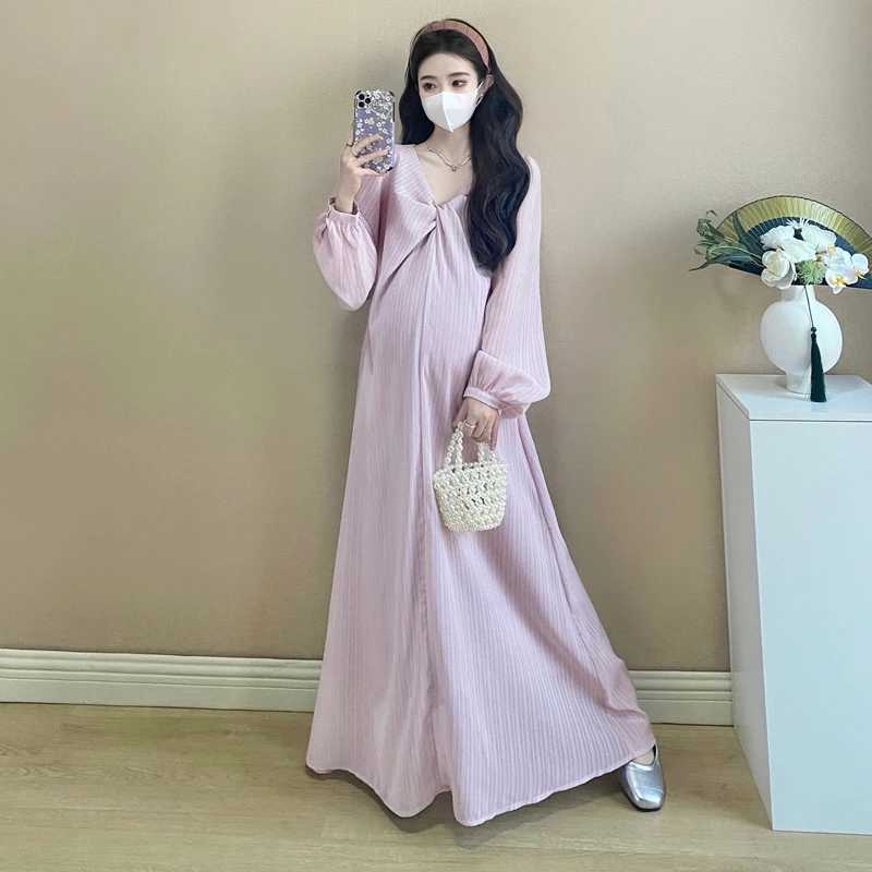 Korean Style Maternity Floor-length Dress Plus Size Lantern Sleeve V-neck Pregnant Woman Beach Dresses PinkT250311