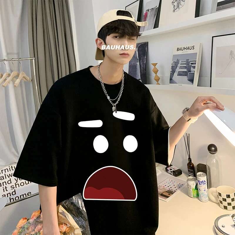 Korean Men's Cotton Oversized T-Shirts Mens T Shirt Casual Summer Wear Emote Fashion Print White Tee Shirts For Men Clothing