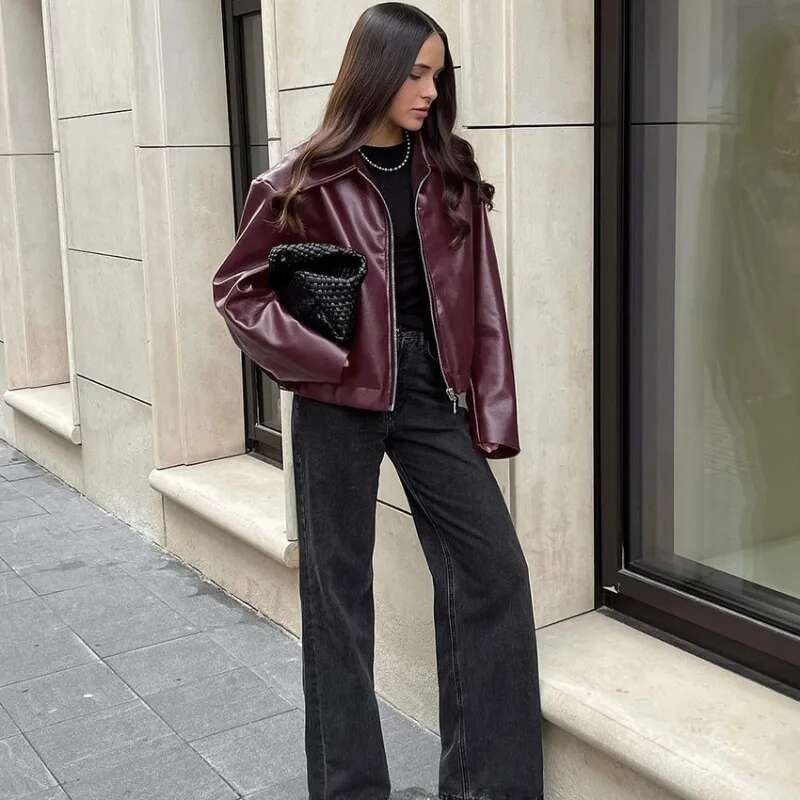 Angola Red Jacket Leather Motorcycle Street Fashion 2024 Autumn And Winter New Top Women's Elegant Coat