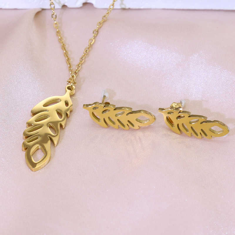 Hot selling Instagram jewelry fashionable metal style stainless steel hollow leaf earrings necklace jewelry set W250312