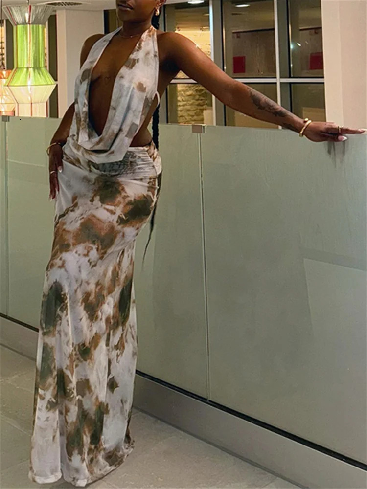 Weird Cat Tie Dye Printed 2piece Womens Bandage Strap Low Neck Tank TopRuffle Skirt Vacation Beach Styye Sexy Set 250312