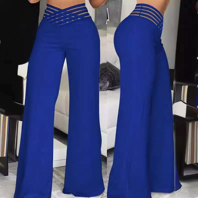 Summer Women's Hollow Belt High Waist Casual Straight Loose Wide Leg Pants B2