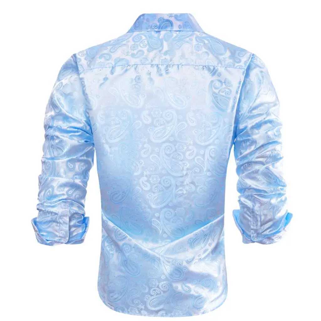 Hi Tie Navy Royal Sky Blue Silk Mens Shirt Flip Collar Long Sleeve Dress Jacquard Shirt Mens Wedding Business Ball W250312