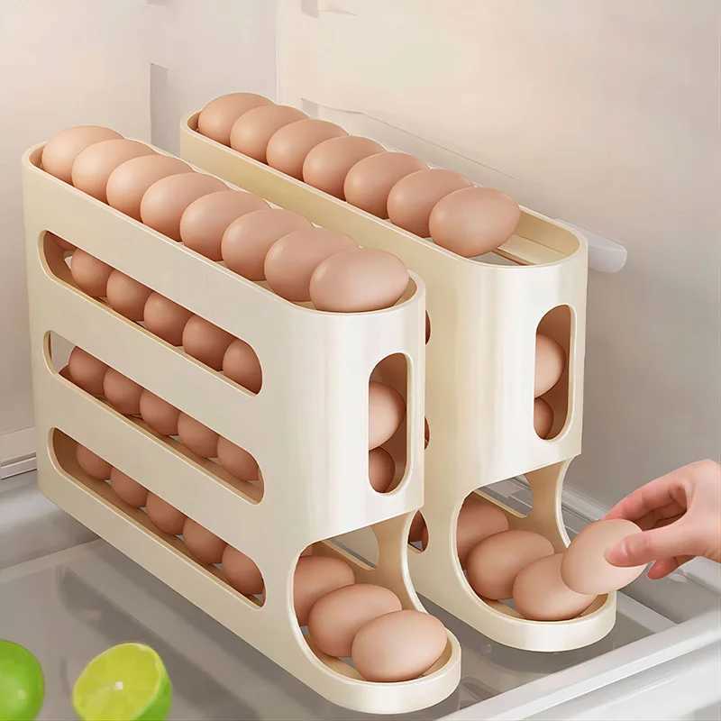 4 Layers Automatic Rolling Holder Rack Fridge Eggs Storage Box Container Kitchen Refrigerator Egg Dispenser Fridge Egg Organizer M250312