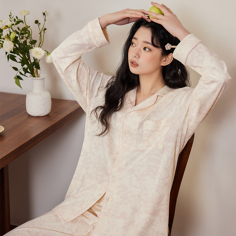 B774-Gentle oil painting style Class A antibacterial and anti-mite pure cotton pajamas for women Spring new tie-dye pink long-sleeved home suit