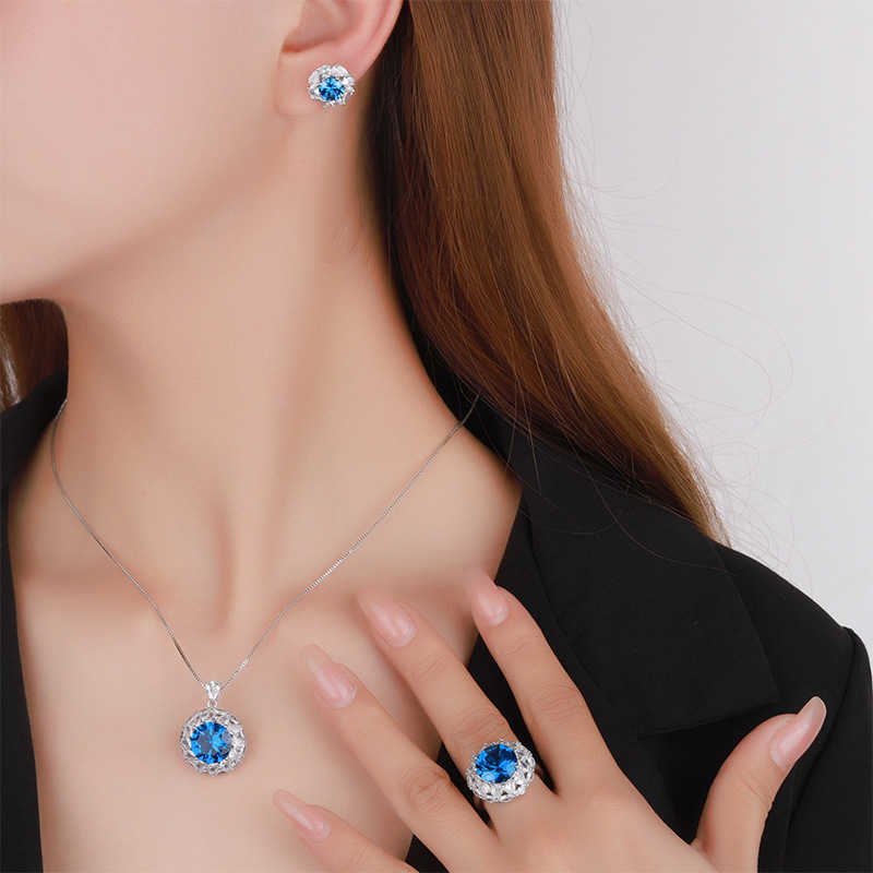 2024 New Zhuangsheng Copper Bottom Gold Plated Simulated Blue Sharp Crystal Round Temperament Light Luxury Set for Women 12-7mm W250312