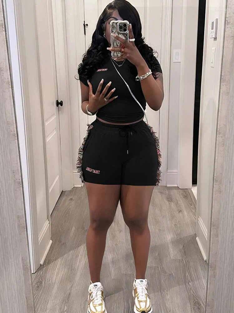 Womens Tracksuits BKQU Letter Embroidery Casual 2 Piece Sets Woman Outfit Short Sleeve T-shirts Side Tassel Shorts Matching Suits Female