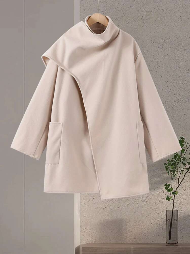 Scarf Collar Chic Woolen Coat Women Classic Loose Long Sleeve Thicken Warm Jacket Female 2024 Winter Pocket Street Outwear Top