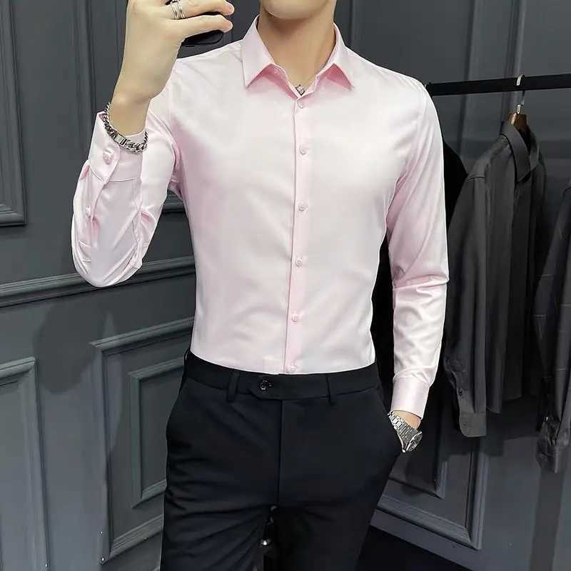 Spring and summer solid color gray shirt mens long sleeved Korean style slim fit professional business formal work shirt gray shirt W250312