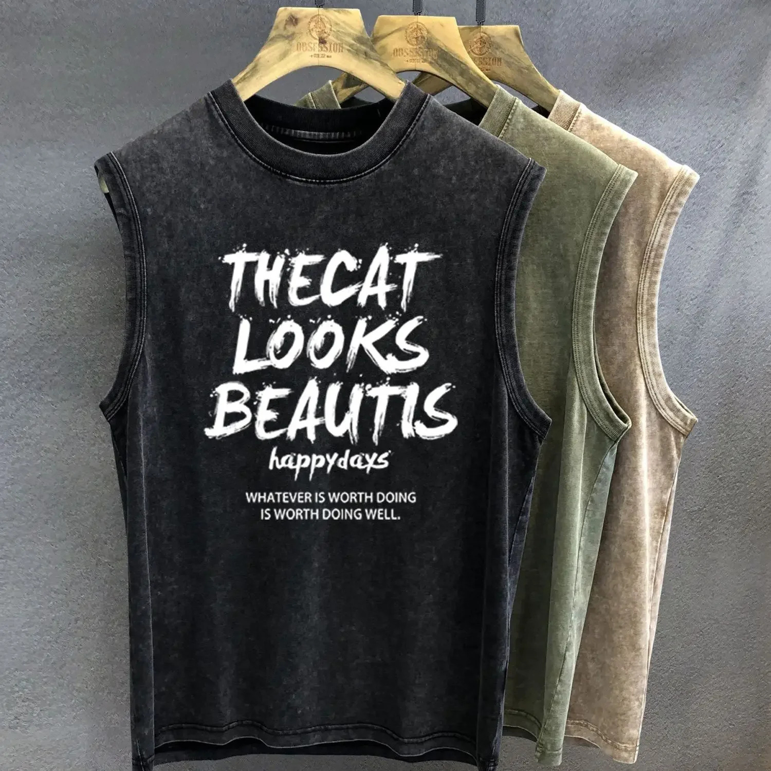 Street bike vest American street hip-hop sleeveless T-shirt loose vest top crew neck fitness 250311