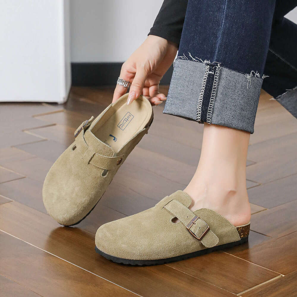 Leather soft shoes cowhide thick soled slippers spring and new style women's summer Boken half drag early autumn Baotou outerwear