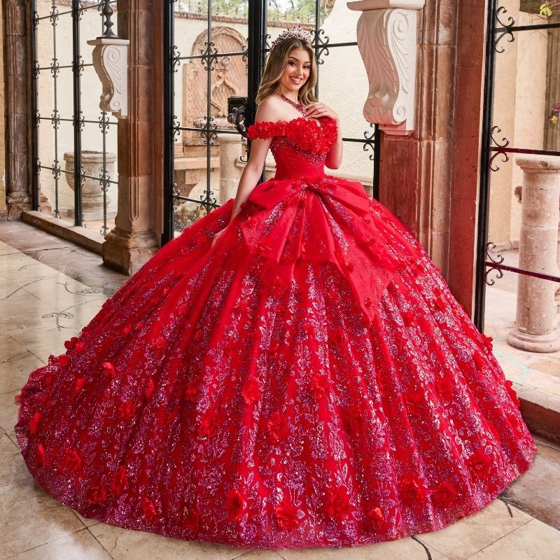 Luxury Red Shiny Princess Ball Gown Quinceanera Dresses Off The Shoulder Sequin Applique Lace Beading Crystal Tull Sweet 16 Dress Vestido De 15 Anos