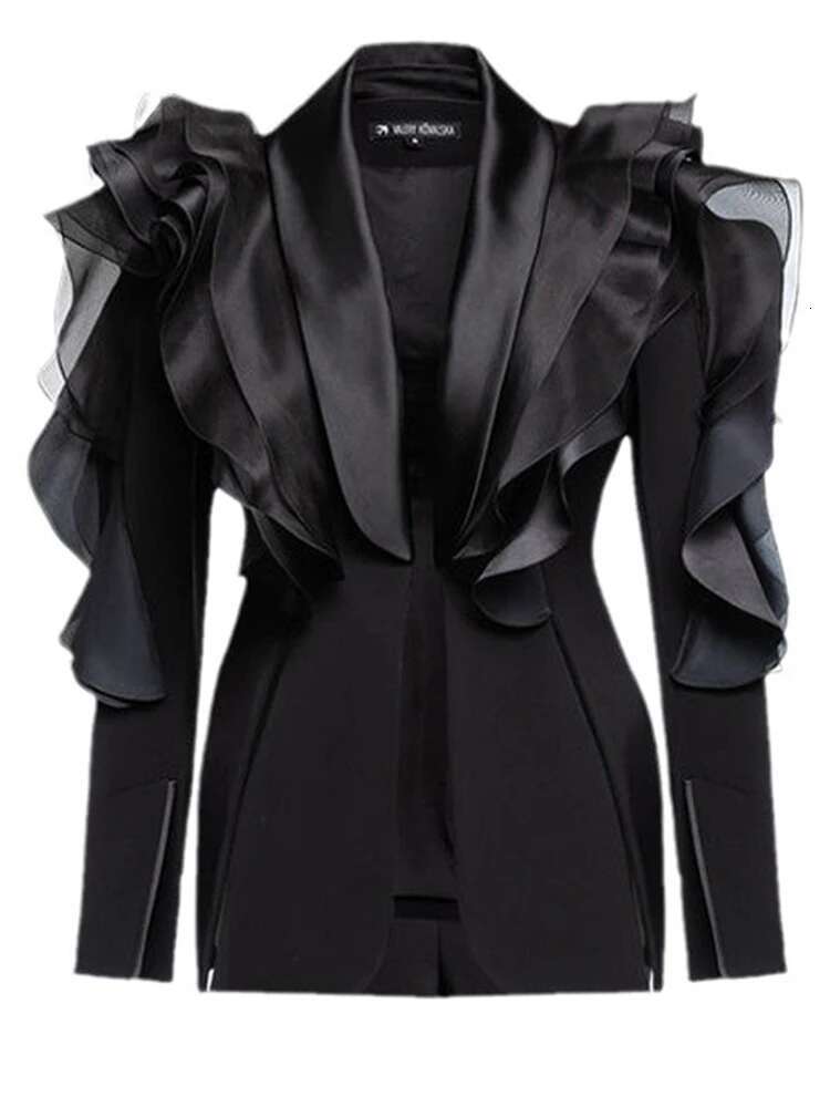 YERMORA Spliced Mesh Ruffles Casual Blazer For Women Lapel Long Sleeve Fashion Tide Loose Fit Jacket Spring Autumn 2025 New A165