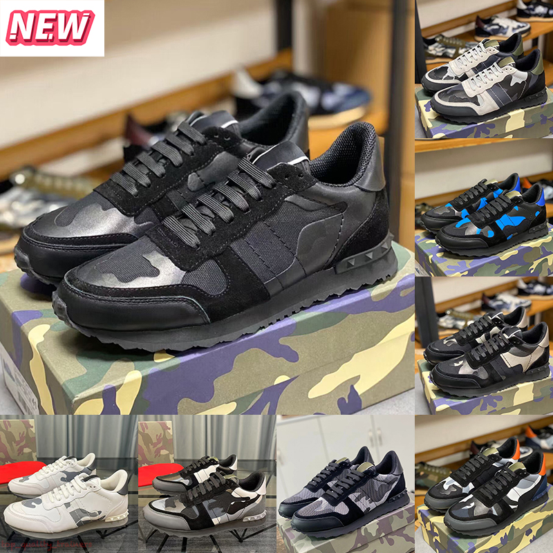 Luxury Mens Designer Shoes Rockrunner Trainers Camouflage Casual Shoe Fashion Blue Black Mesh Fabric Nappa Leather Loafers Toile Iconographe rivets Sneakers
