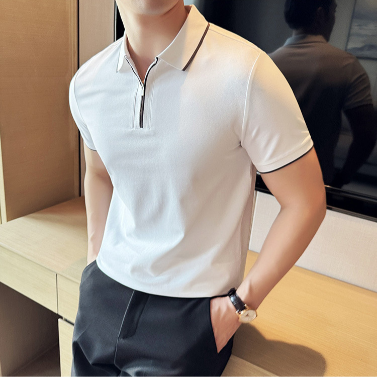 antibacterial polo shirt short zipper lapel T-shirt summer casual half sleeved light luxury men's contrasting color top tracksuit