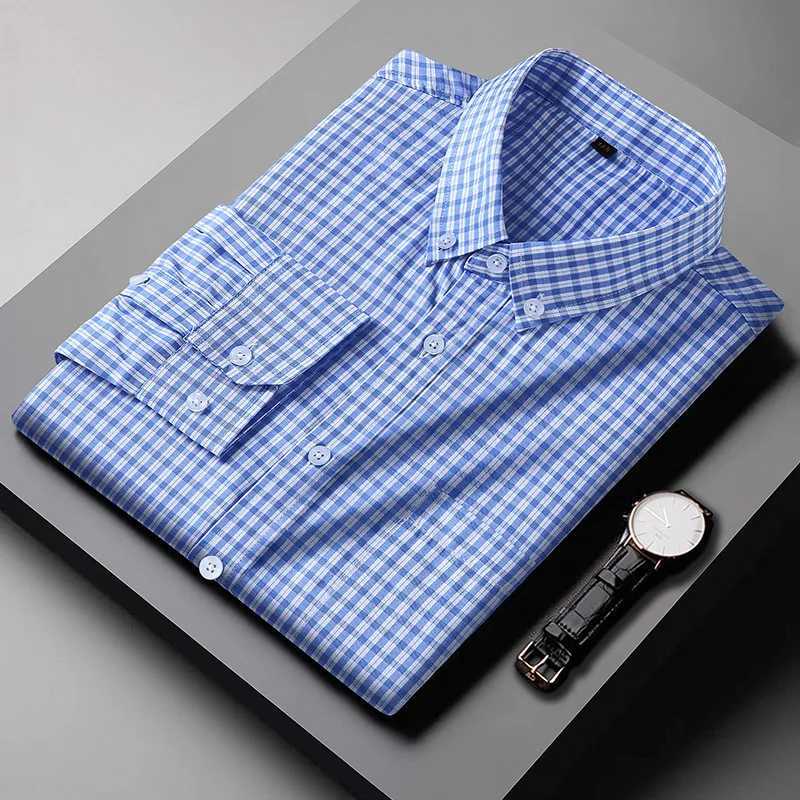 mens long sleeve plaid shirt Youth business casual spring and autumn long-sleeved shirts Blue formal mens loose shirt 8XL 0XL W250312