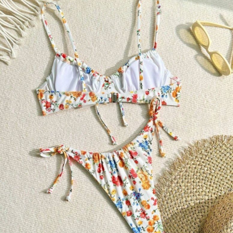 2025 New Bikini Designer Floral Plain Women's Swimsuit Split Style Sexy Beachwear Small Chest Poly Steel Ring Fashionable Swimsuit