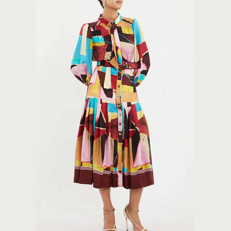 2023 Australian Autumn And Winter New Bow Tie With Belt, Waist Cinching Geometric Print Dress, Long Skirt