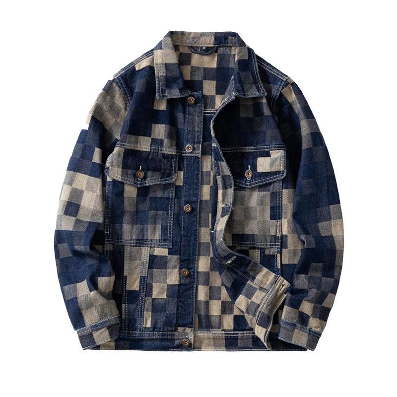 Retro loose denim jacket with grid pattern highend American mens casual 250312
