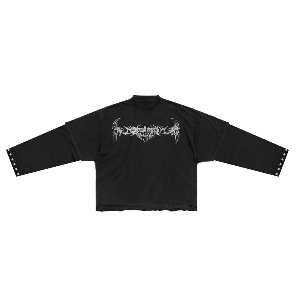 American style dark themed personalized street fake two-piece round neck long sleeved new printed loose fitting unisex top