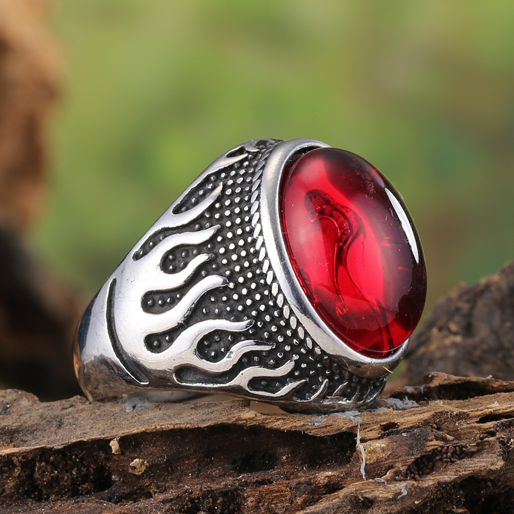Hip Hop Vintage Big Stone Inlay Casting Ring Stainless Steel Gold Plated Mens Jewelry