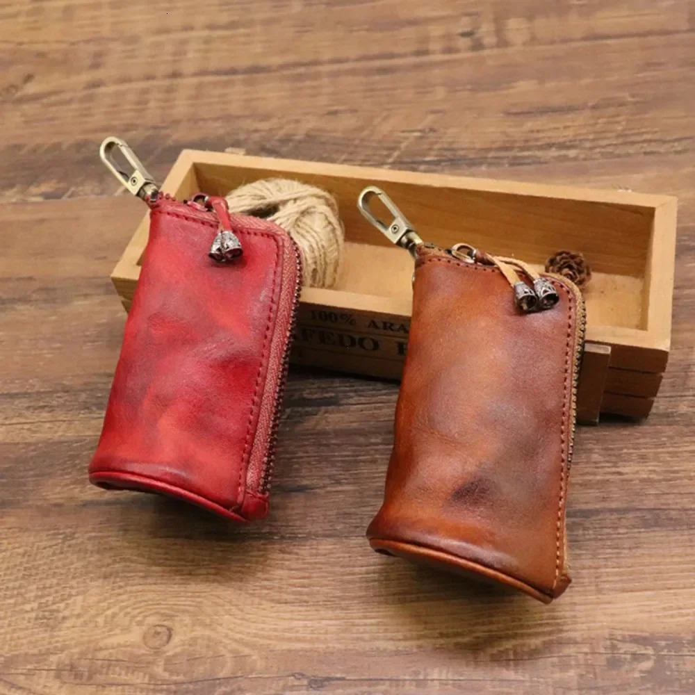 mens leather keybag keychain holder fashionable zipper home storage bag dual key bag mens car bag 250311