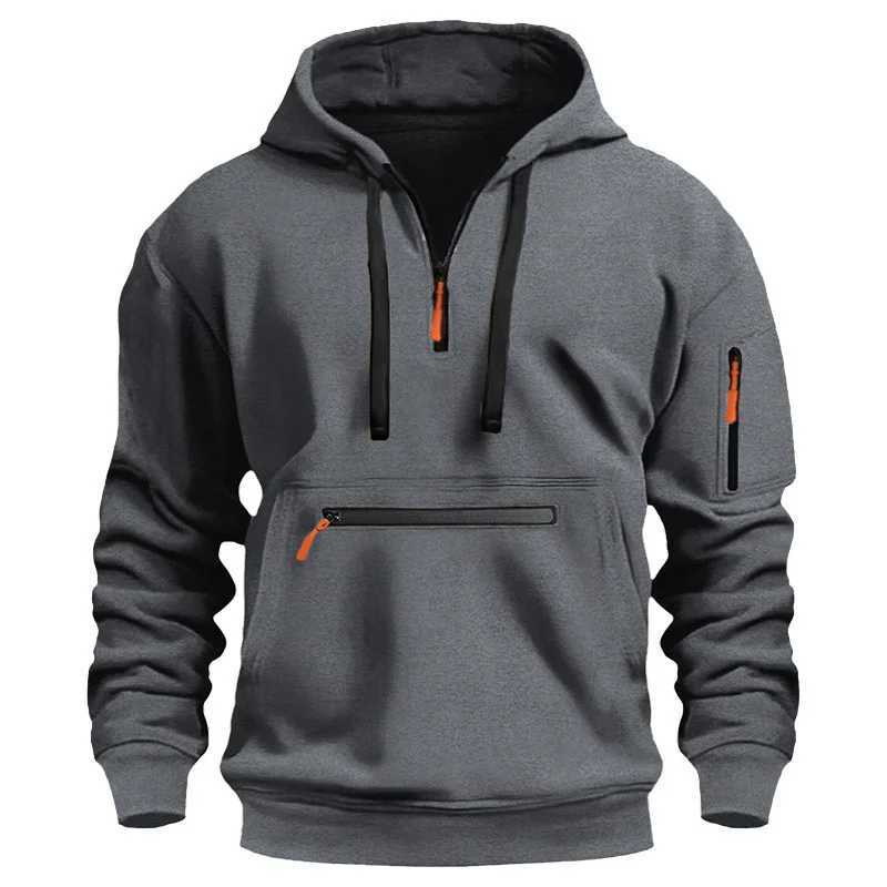 Mens casual sports hoodie spring and autumn fashion arm pocket pull rope hooded solid color loose long-sleeved blouse pullover M250311