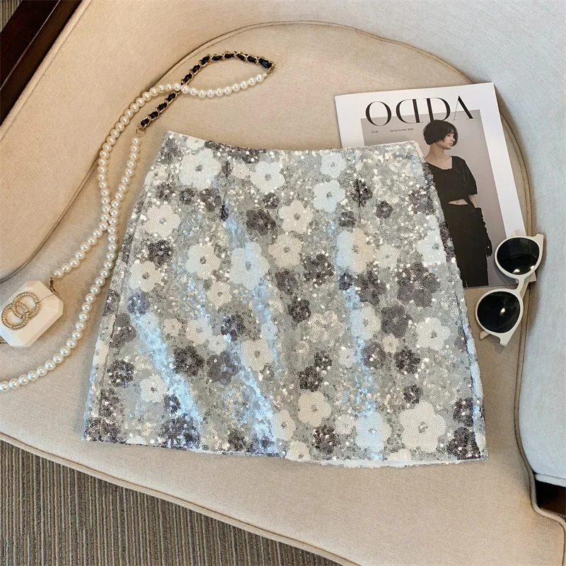 Skirt Westernstyle highend waist slim antiexposure summer and autumn heavy industry silver sequined flower temperament skirt 250311