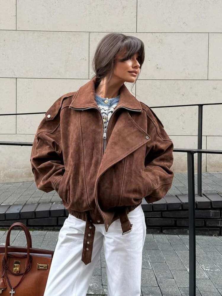 2025 Fashion Lapel Full Sleeve Brown Short Women Jacket Casual Zipper Pocket Suede Cropped Coat Lady New Chic Highstreet Outwear