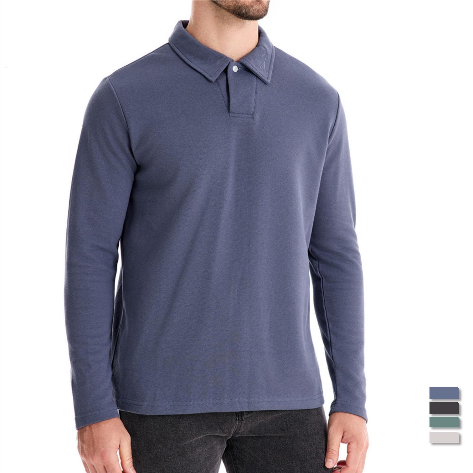 Autumn winter new men's washed long sleeved lapel t shirt solid color top trendy and versatile polo tracksuit