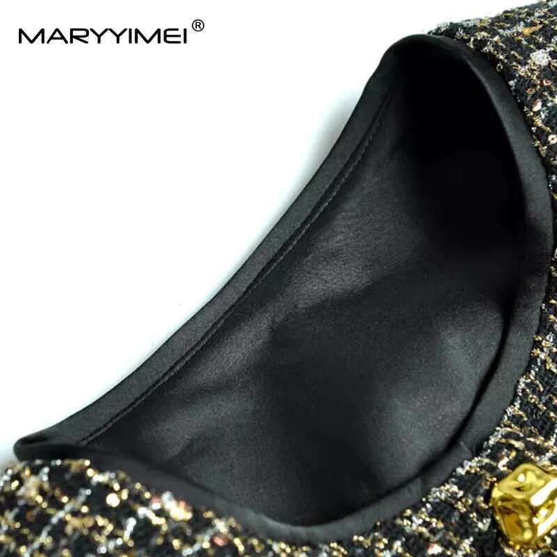 MARYYIMEI Fashionable Women's Suit Long Sleeved Single Breasted Lace-Up Tops+Mesh Black Skirt Autumn And Winter 2 Piece Set