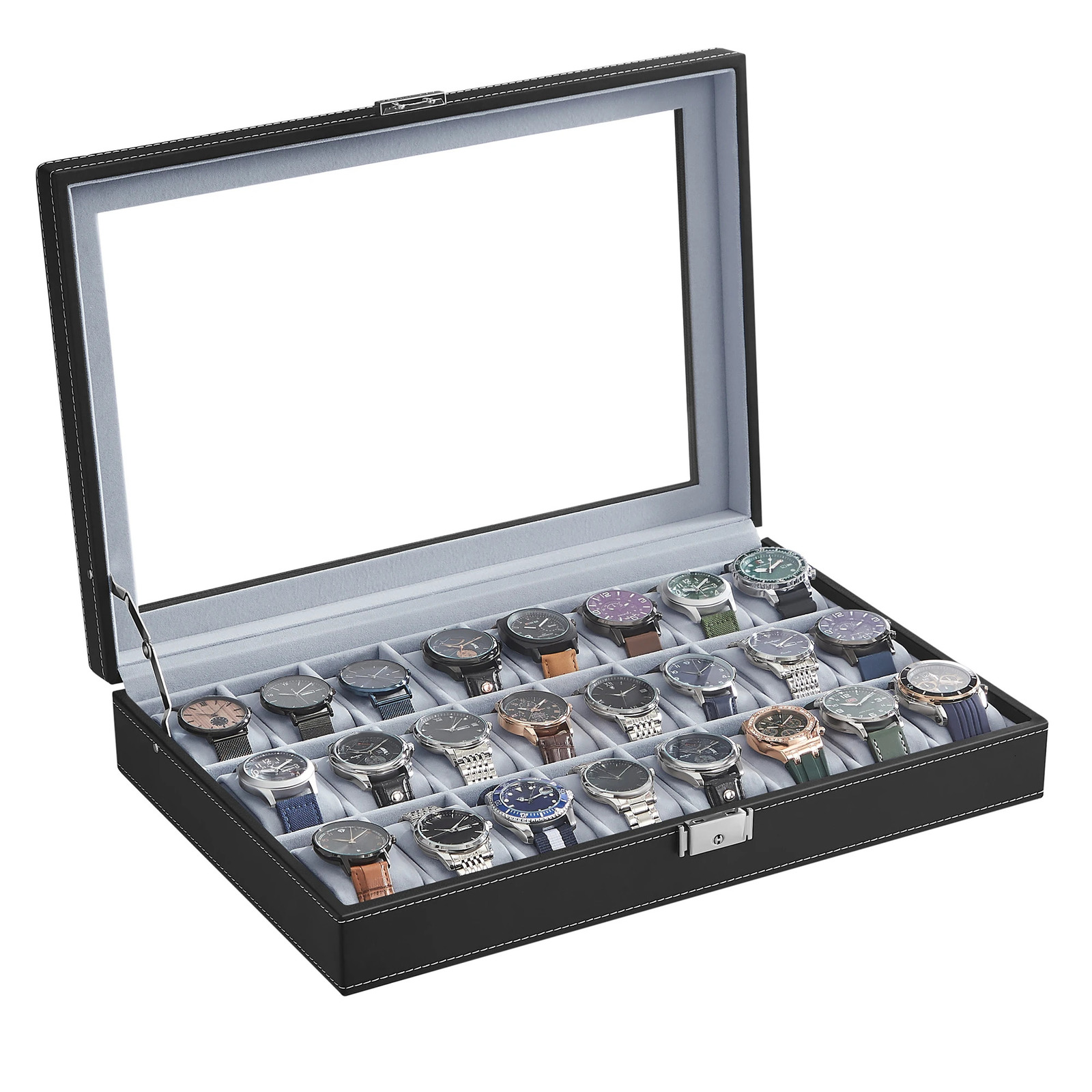 SONGMICS Watch Box 24 Slot Watch Box Lockable Watch Storage Box with Glass Lid Gift Idea Ink Black Synthetic Leather 250311