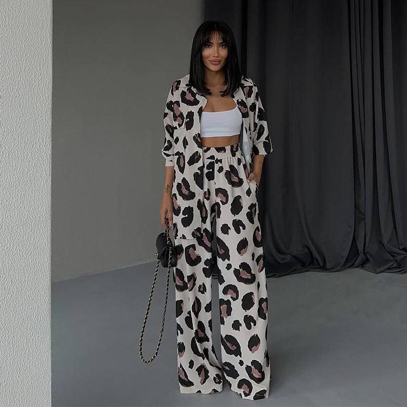 Elegant Womens Sets Woman 2Piece Trouser Sets Fashion Leopard Outfits Tank Tops and Wide Leg Pant Suits Oversize