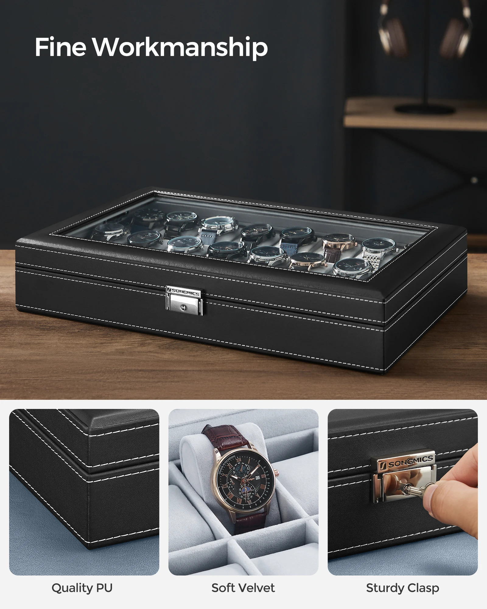 SONGMICS Watch Box 24 Slot Watch Box Lockable Watch Storage Box with Glass Lid Gift Idea Ink Black Synthetic Leather 250311