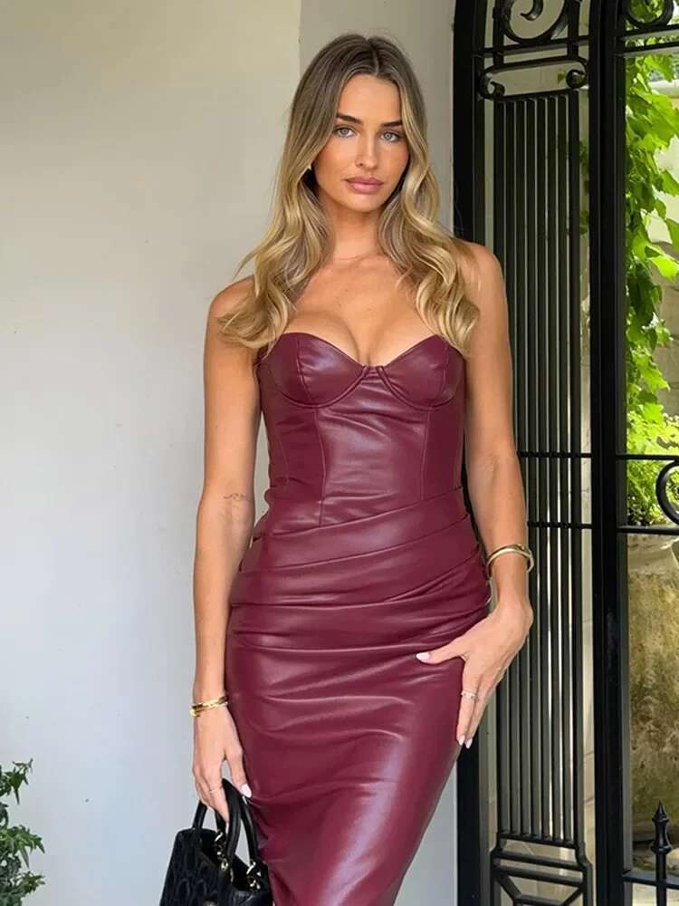 Women Bury Sexy Pu Leather Strapless Dress Fashion Backless Sleeveless Long Gown 2025 New Female Evening Party Prom Robe
