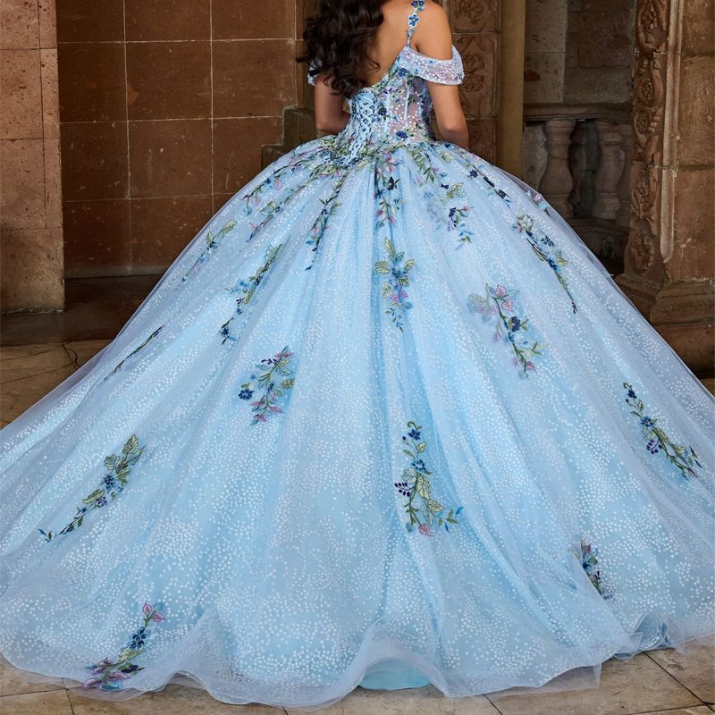 Sky Blue Shiny Quinceanera Dresses Ball Gown With Cape Lace Applique Beading Crystal Tull Corset Sweet 16 Vestido De 15 Anos