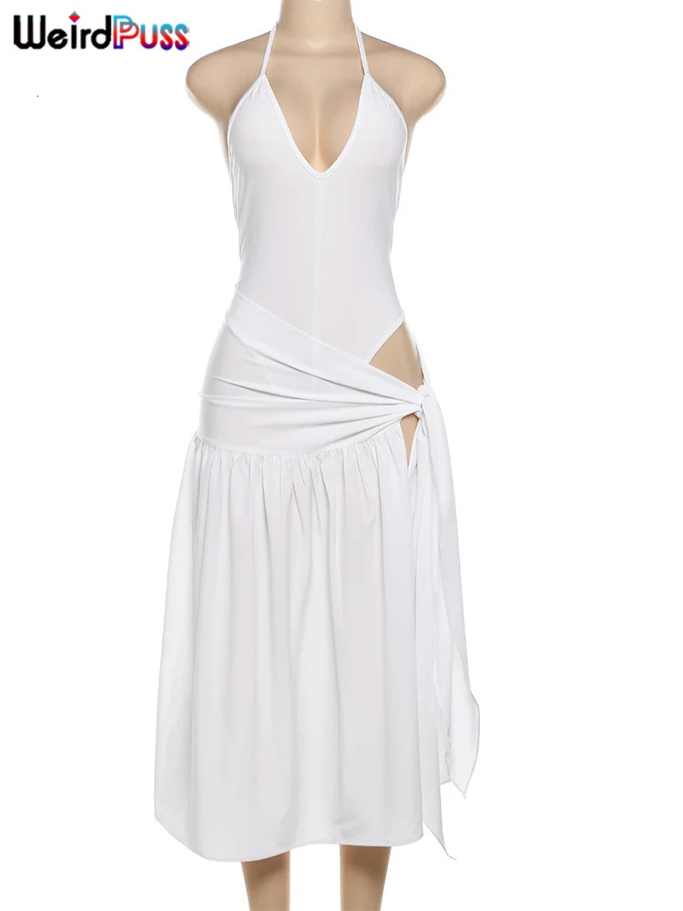 Weird Puss Hipster Solid 2 Piece Set Women Summer Trend Elegant Halter BodysuitWrapped Long Skirts Matching Clubwear Outfits 250305