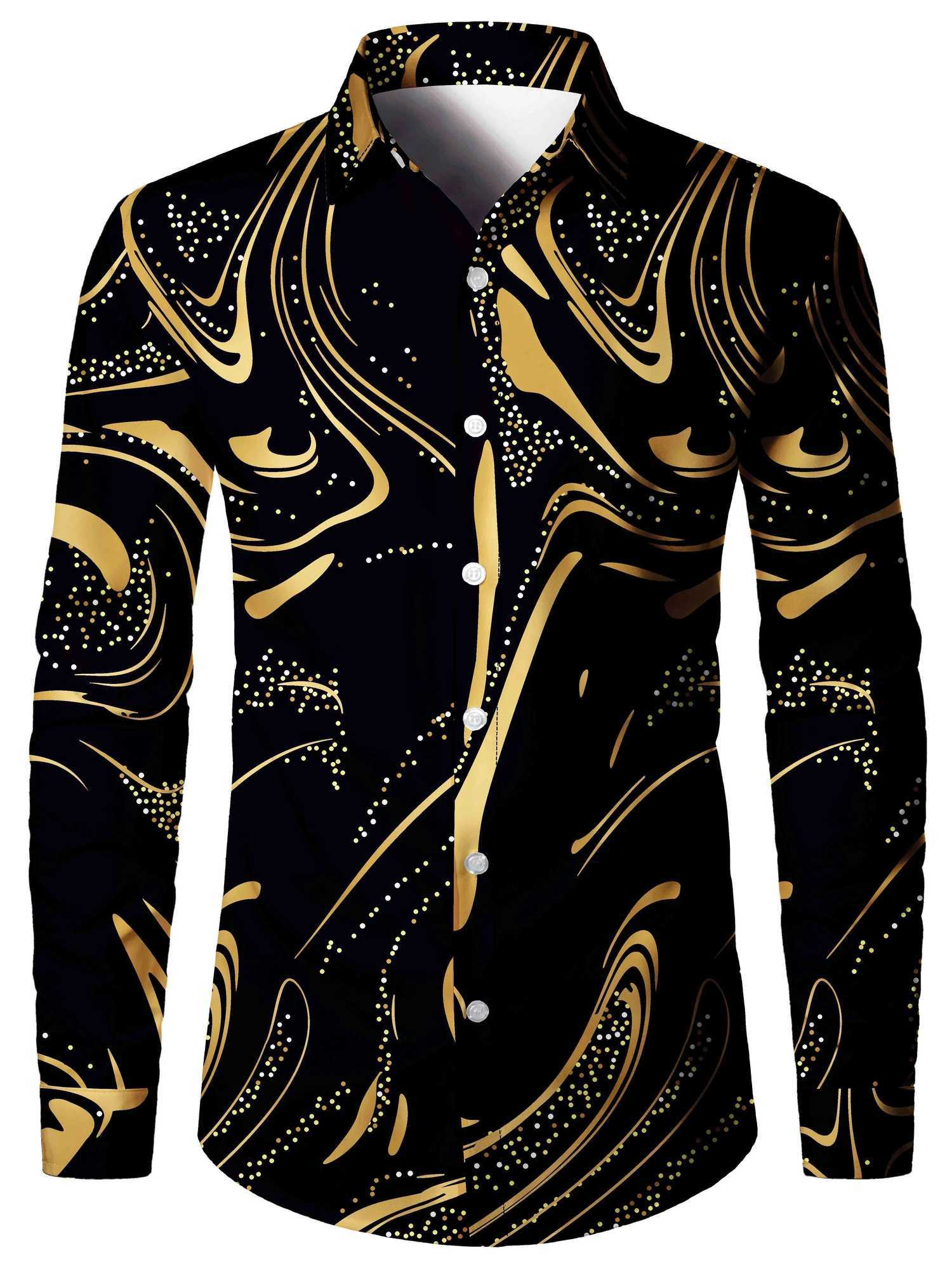 Mens Stylish Lapel-Collar Gold Glitter Printed Long Sleeve Shirt casual tops Stripe print full sleeve shirt for men clothing W250312